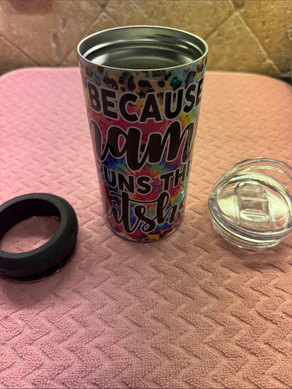Colorful Tie-Dye Travel Tumbler with Lid - "Because Mama Runs This Shitshow”